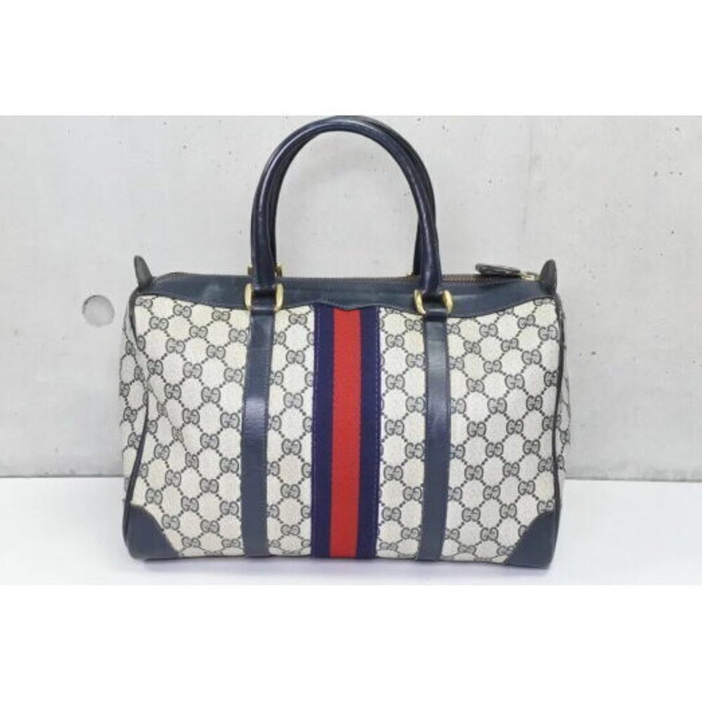 Gucci Boston Bag GG Pattern Navy Blue Beige ing
